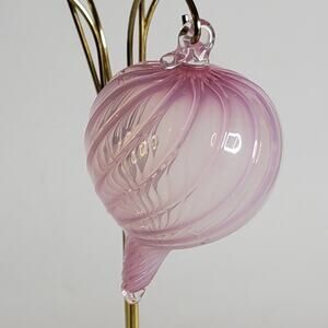 Hand Blown pink striped glass christmas Ornament with glass stem 4"
